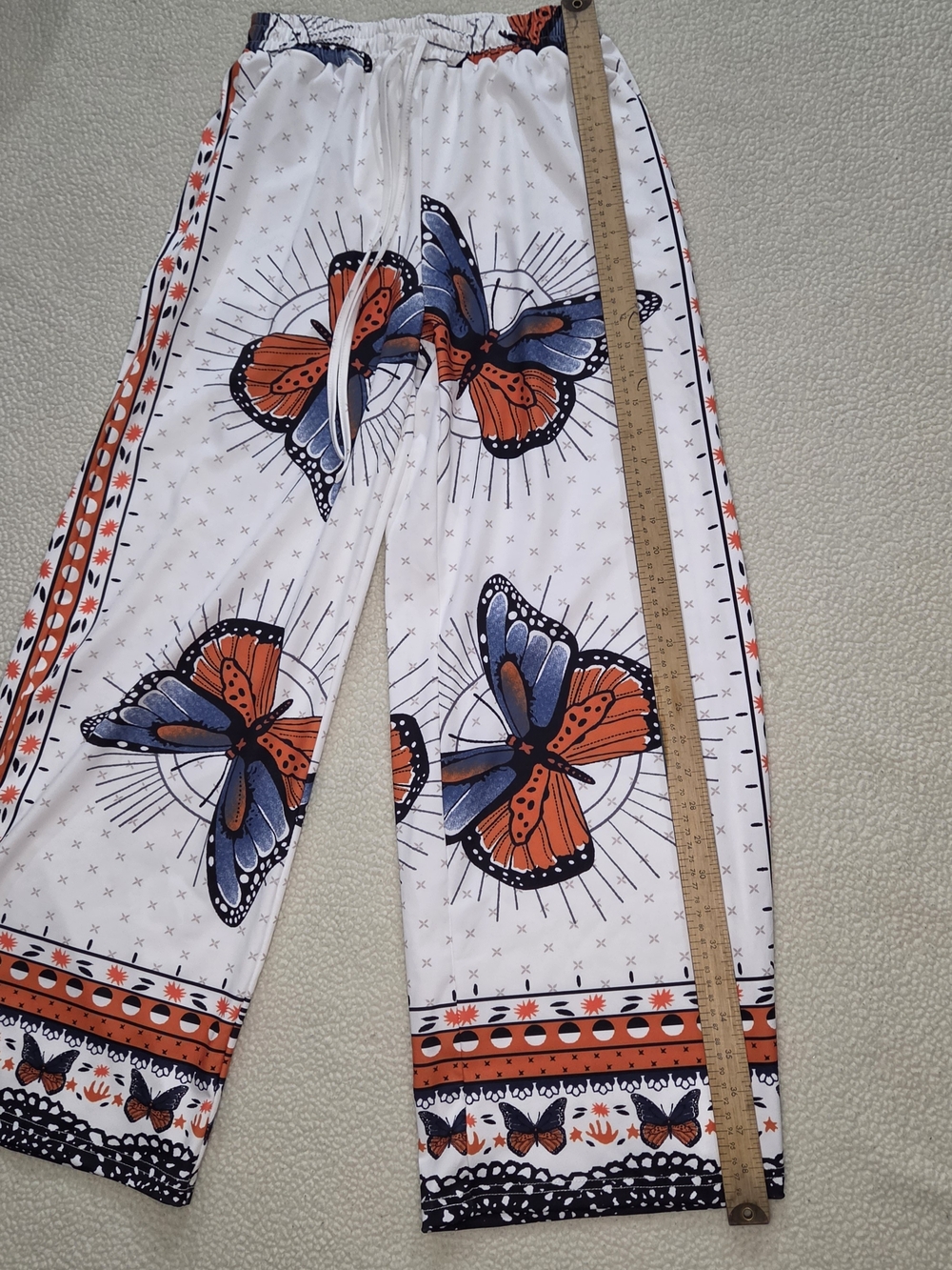 Women's Medium Butterfly Print Drawstring Pants - White, Orange With Flare Legs - Picture 5 of 8
